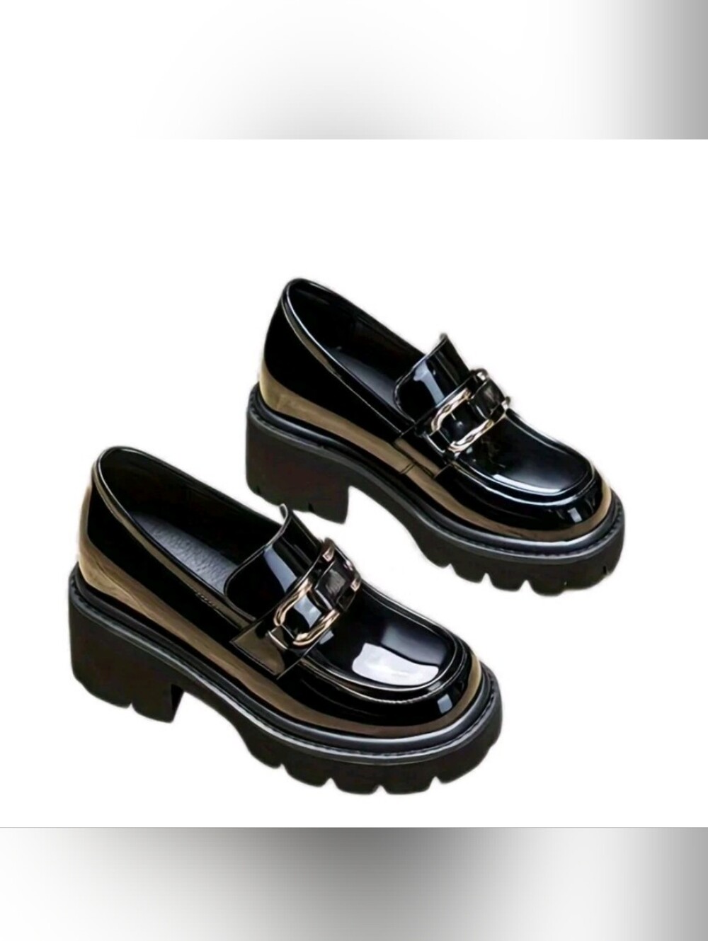 Platform Lug Sole Patent Loafer - Black with Gold Accent